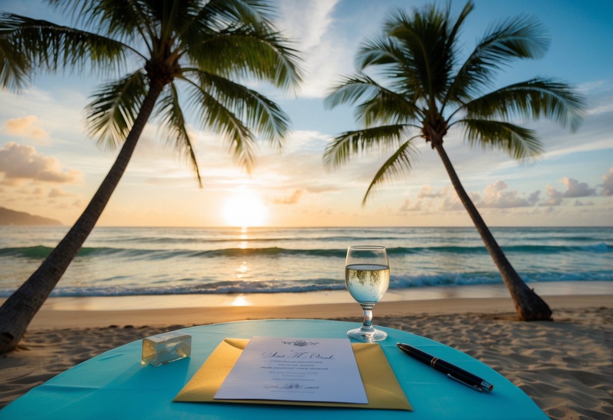 A tropical beach with a sunset, a table with a wedding invitation and a pen, surrounded by palm trees and ocean waves