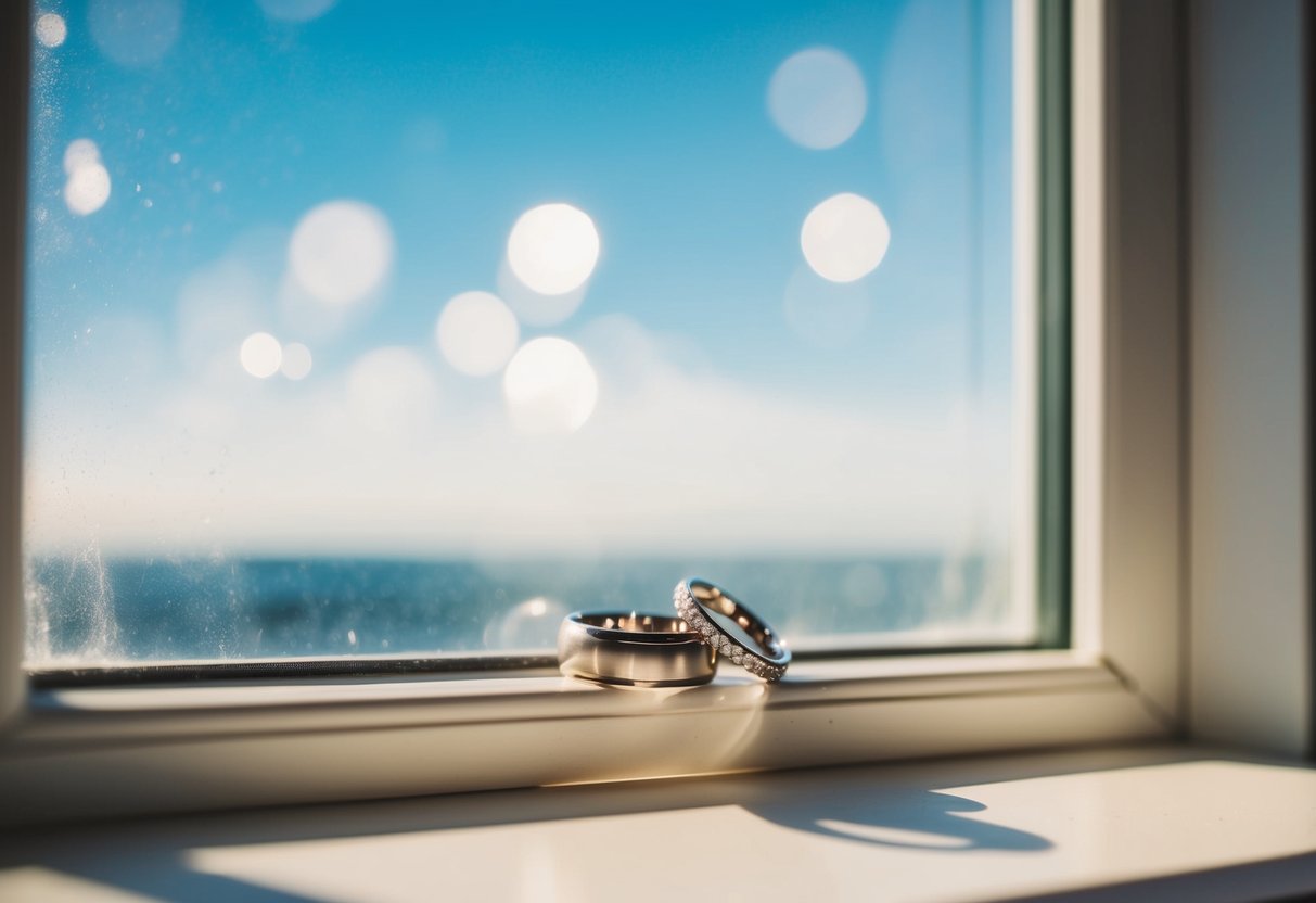 A couple's wedding rings resting on a sunlit windowsill, casting a soft shadow against the glass