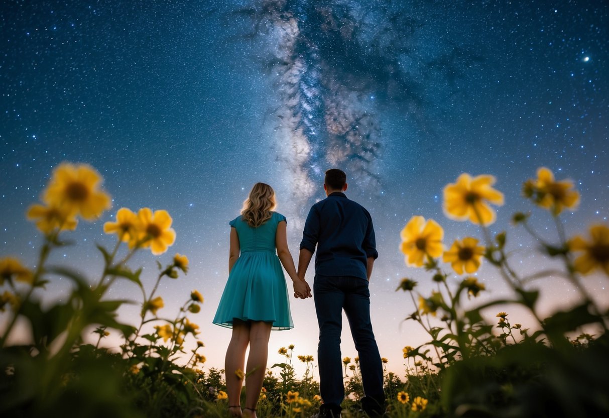 A couple standing under a starry sky, surrounded by blooming flowers and holding hands, while looking towards a bright and hopeful future