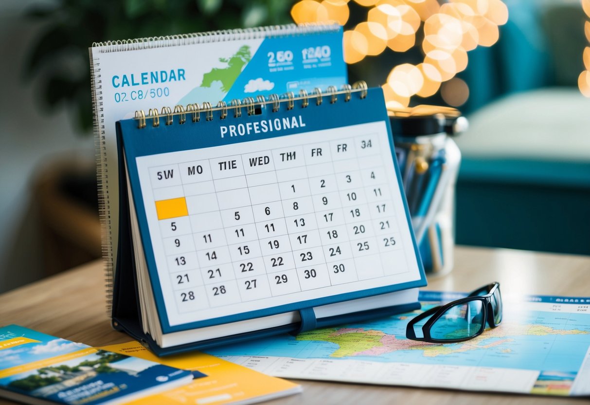 A calendar with a highlighted date, surrounded by travel brochures and a map of the destination