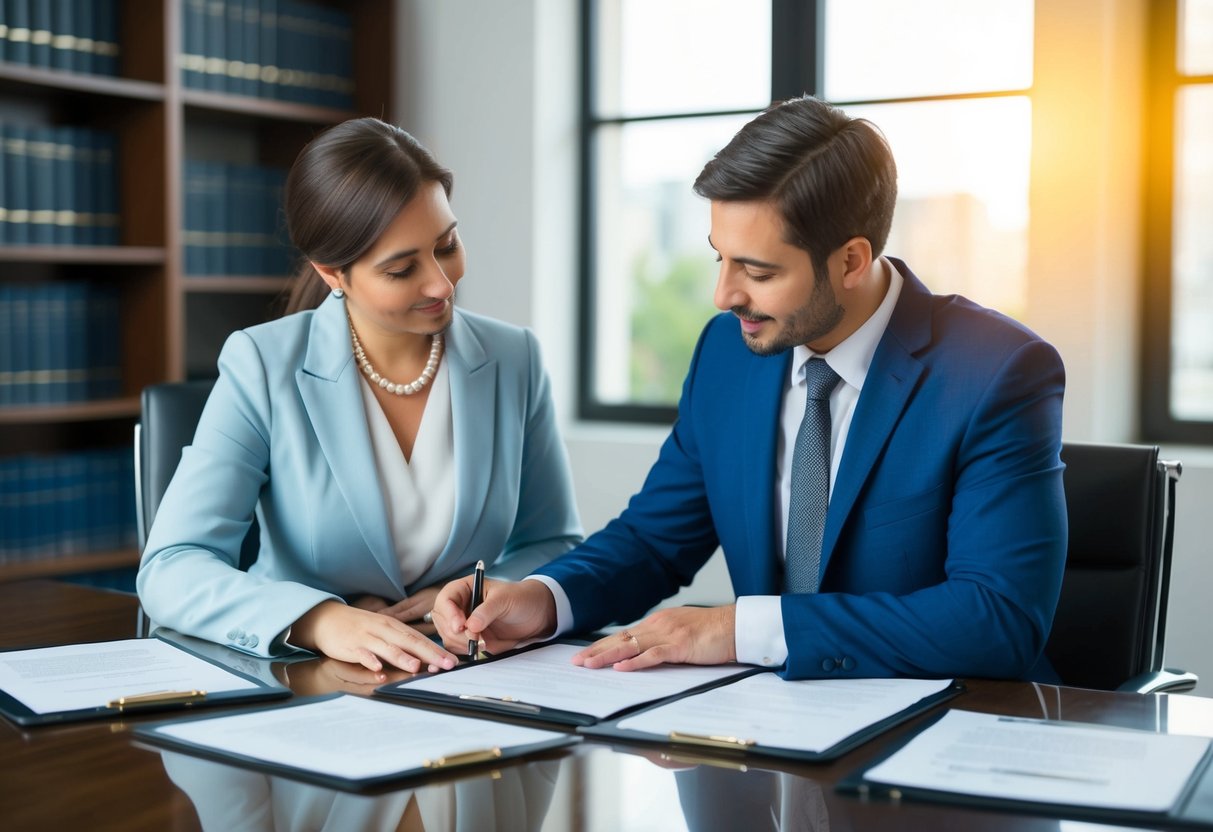A couple signing legal documents in a lawyer's office. The partner is terminally ill, and they are discussing marriage for financial and legal reasons