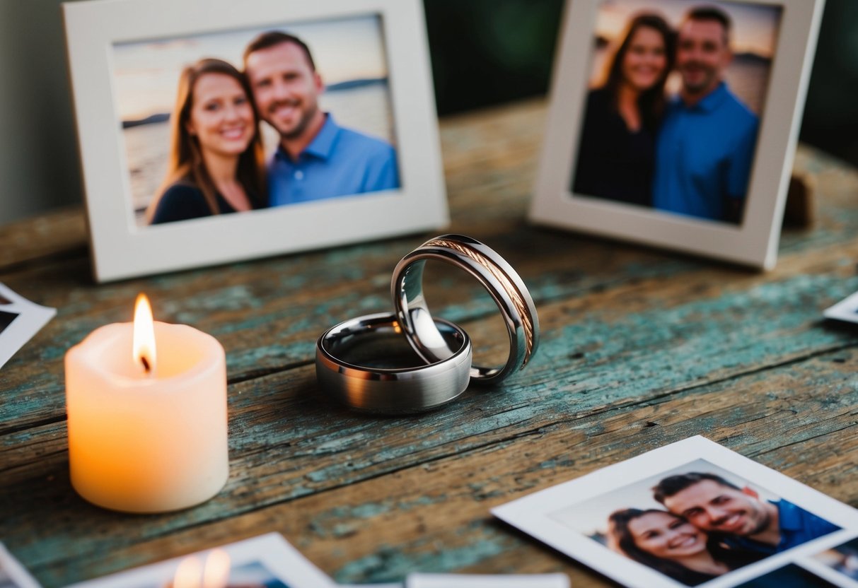 A couple's intertwined wedding rings sit on a weathered wooden table, surrounded by family photos and a flickering candle