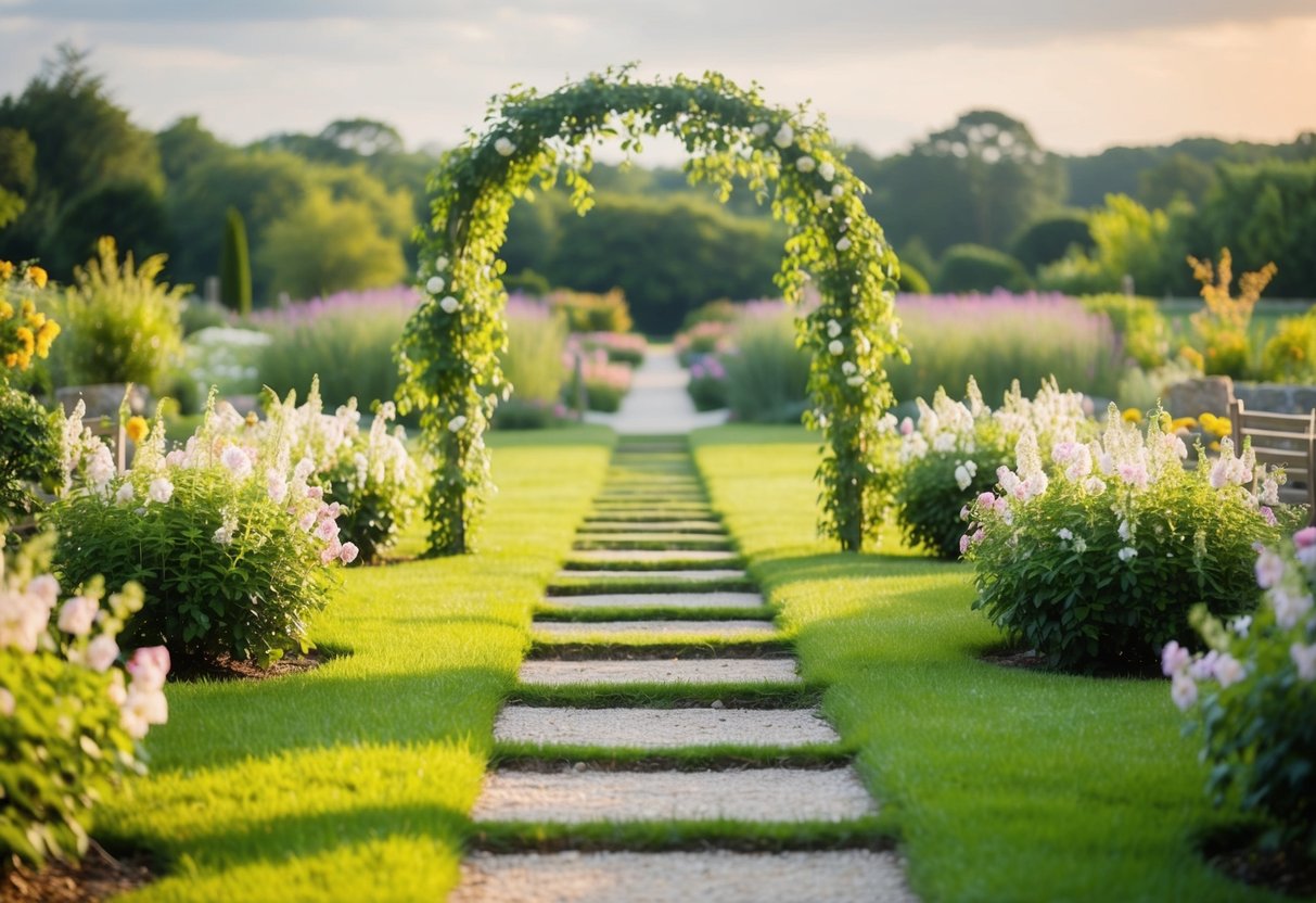 A winding path through a serene garden, leading to a beautiful archway adorned with flowers and vines, symbolizing the journey towards remarriage