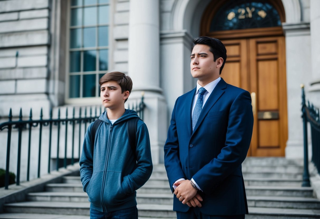 A 16-year-old and a 27-year-old stand before a UK courthouse, with the younger figure looking hesitant and the older figure appearing confident