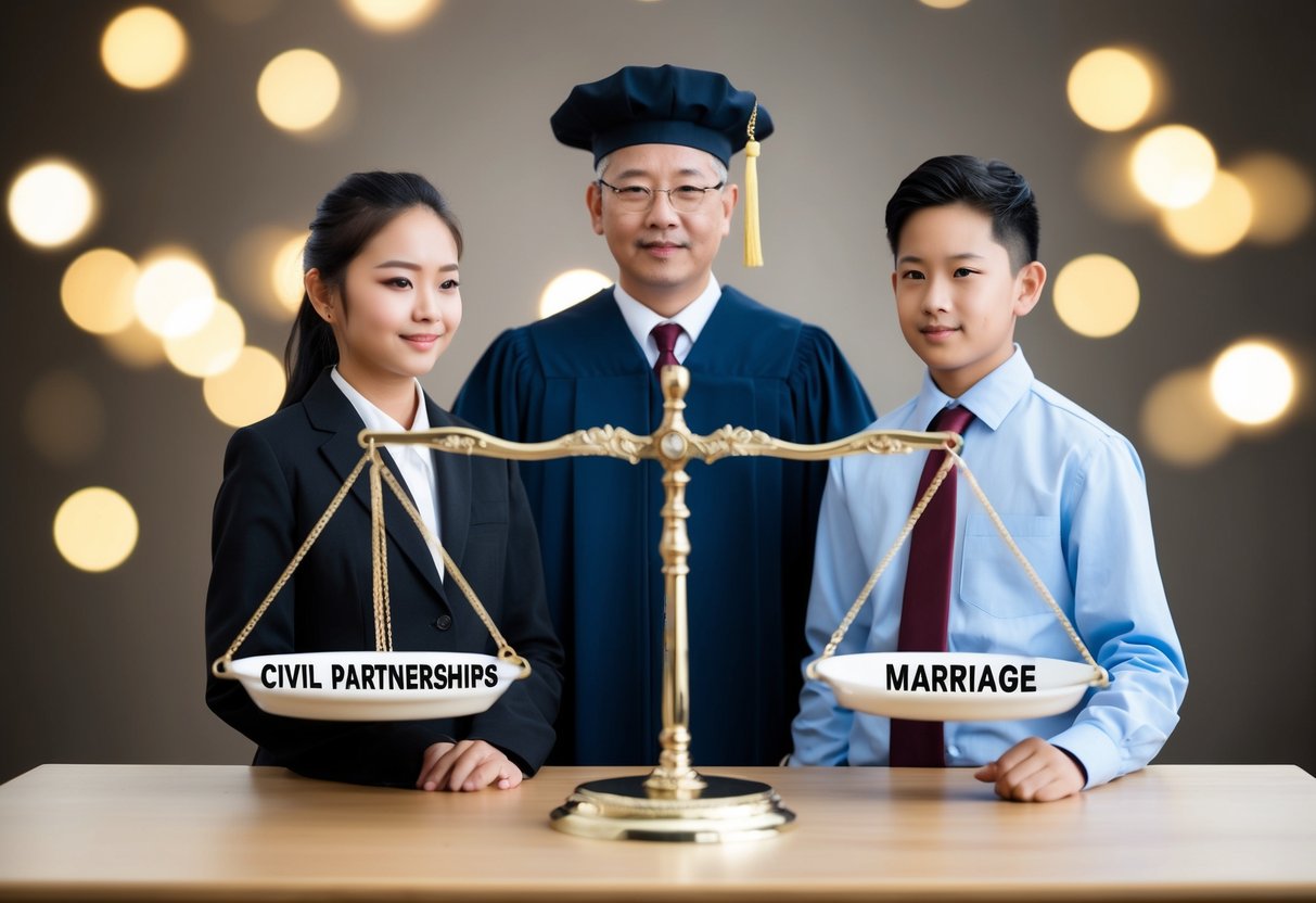 A 16-year-old and a 27-year-old stand on opposite sides of a scale, with "Civil Partnerships" on one side and "Marriage" on the other. A judge presides over the scene