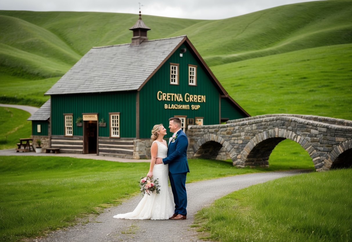 A couple stands before a historic Gretna Green blacksmith shop, surrounded by rolling green hills and a quaint stone bridge