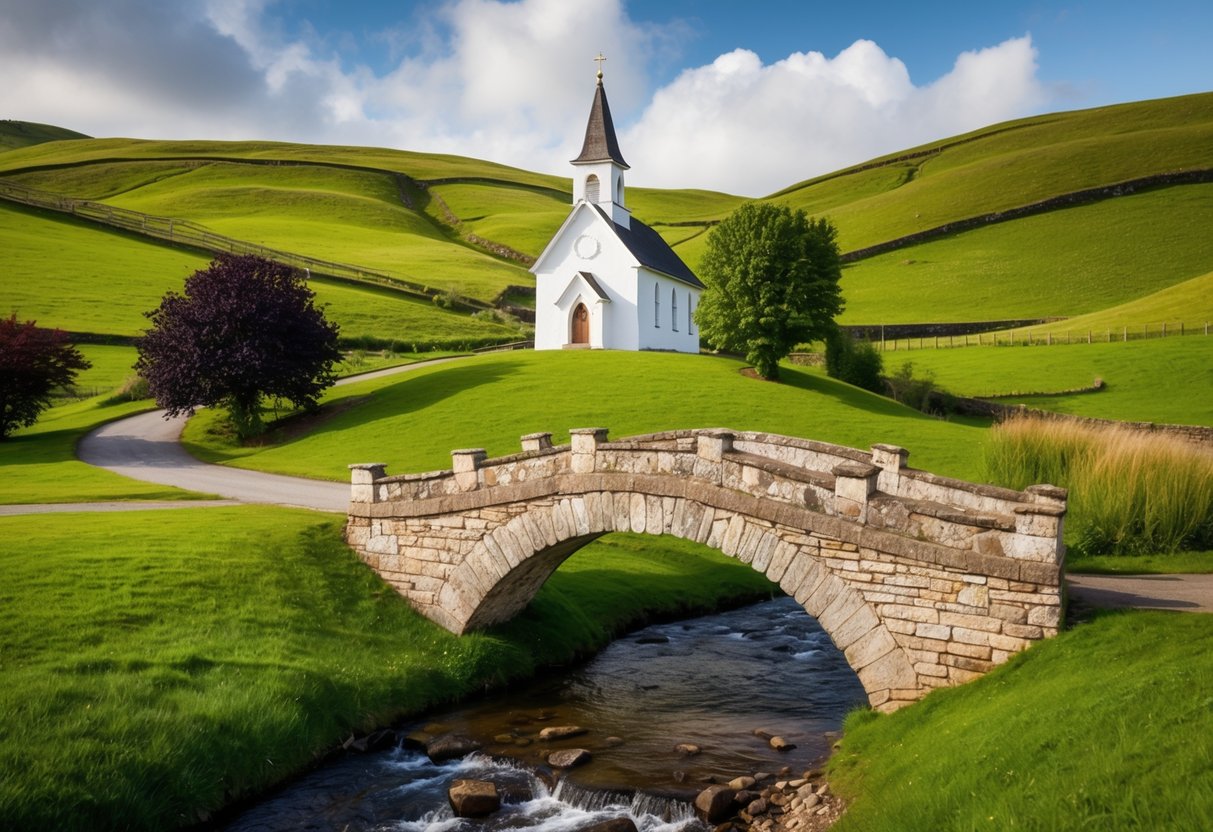 A quaint, picturesque chapel nestled among rolling green hills, with a charming stone bridge crossing a babbling brook