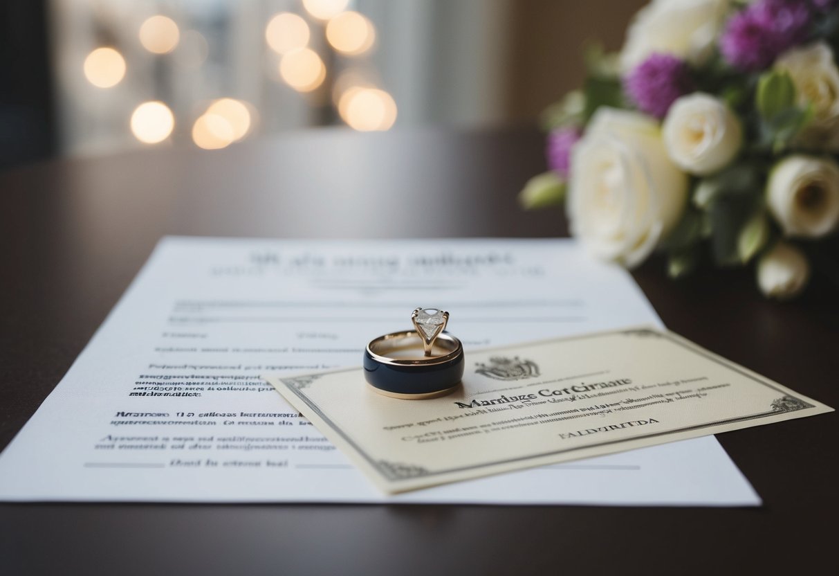 A wedding ring placed on a table, with a marriage certificate and a legal document indicating the possibility of multiple marriages in the UK