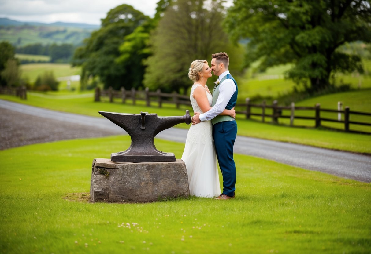 A couple stands before the historic blacksmith's anvil at Gretna Green, surrounded by the lush greenery of the Scottish countryside