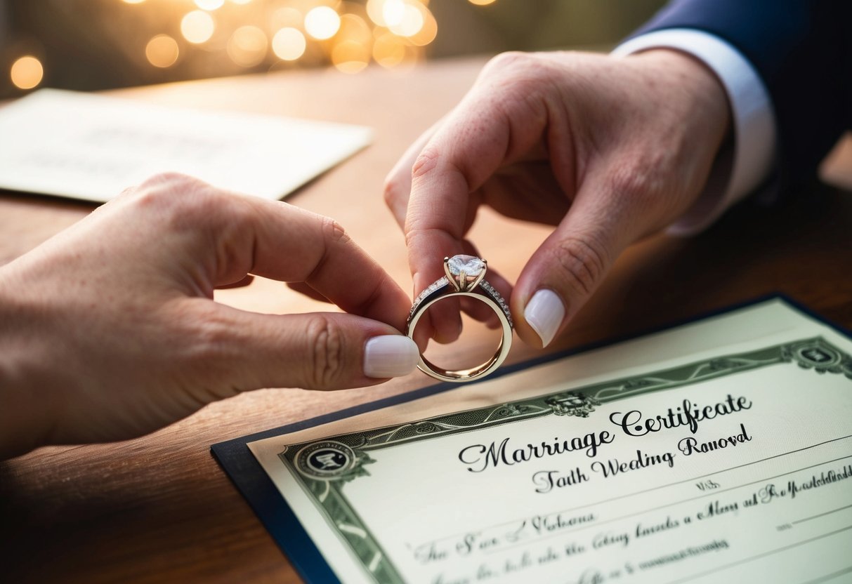 A wedding ring being removed and placed next to a marriage certificate