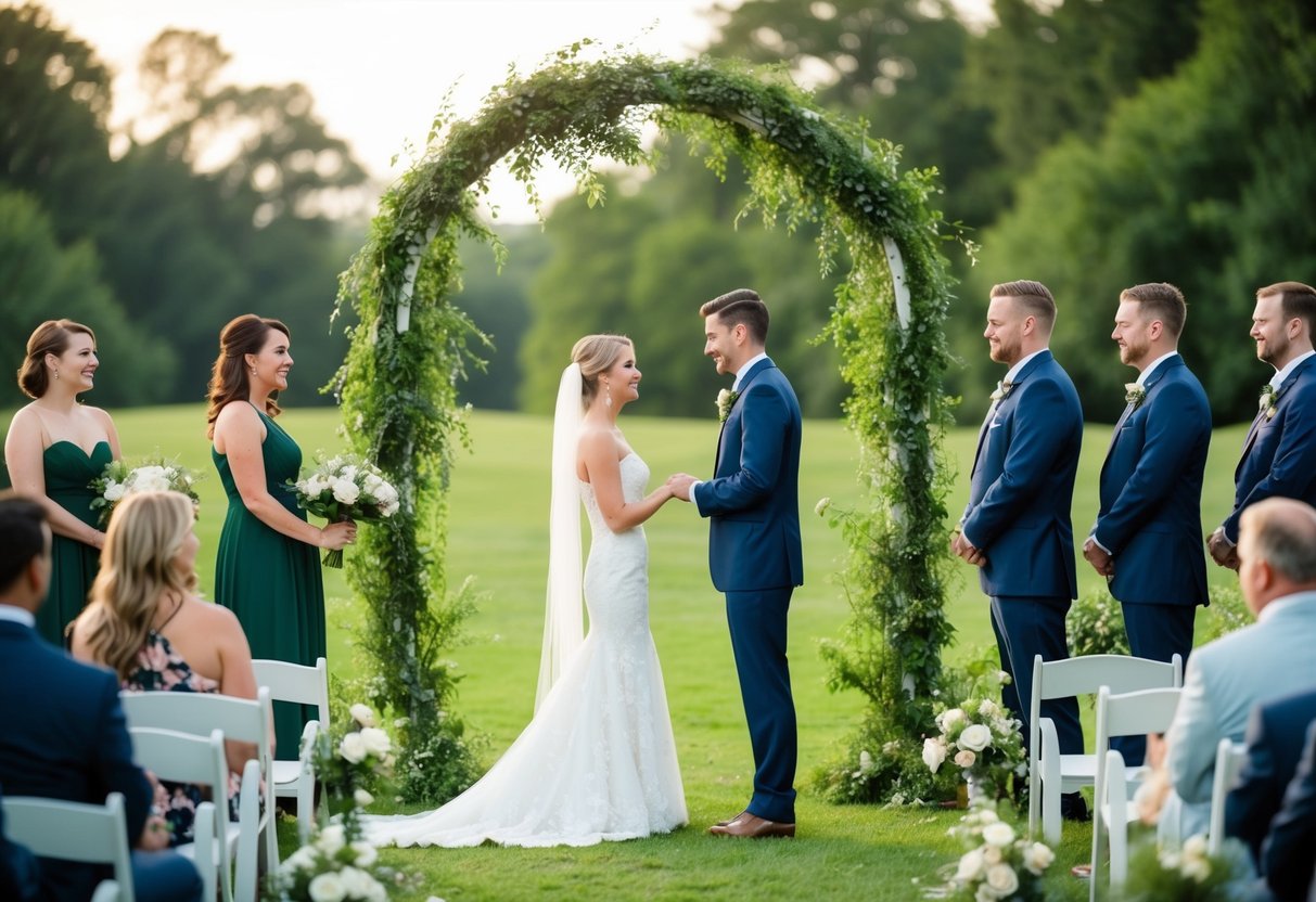 A couple exchanging vows under a picturesque Gretna Green wedding arch, surrounded by lush greenery and the sound of nature