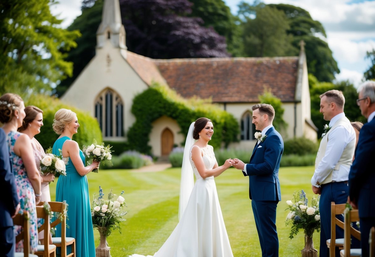 A wedding ceremony taking place in a picturesque English countryside setting, with a charming church in the background and a joyful couple exchanging vows