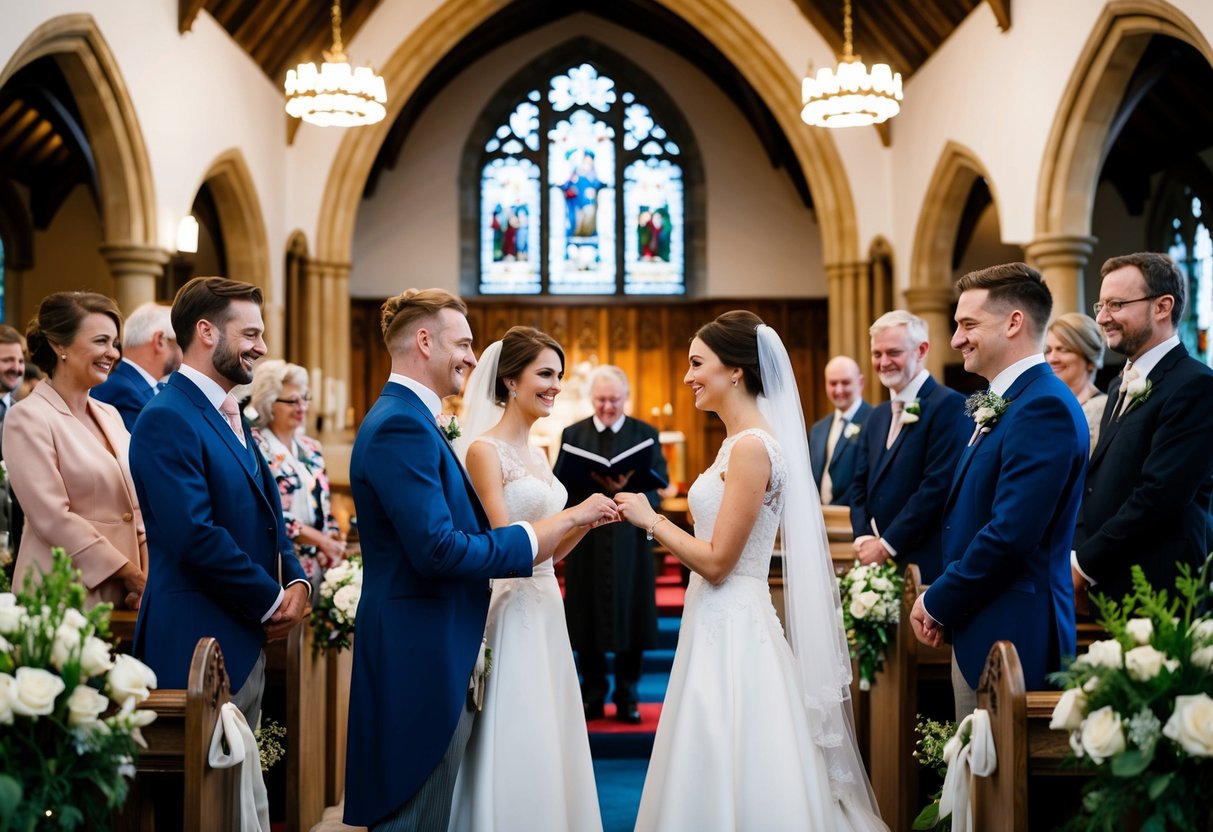 A wedding ceremony in a traditional British church, with two separate couples exchanging vows in front of their respective families and friends