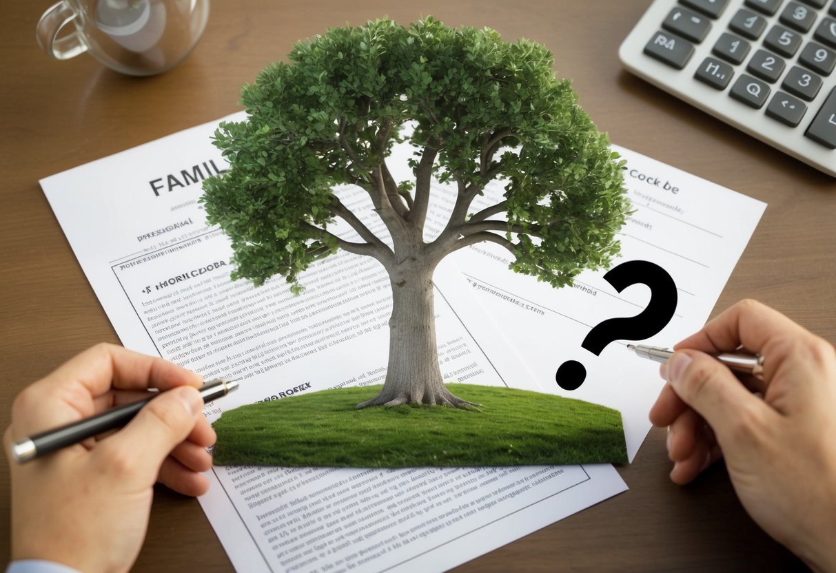 A family tree with two branches merging at the second cousin level, surrounded by a legal document and a question mark