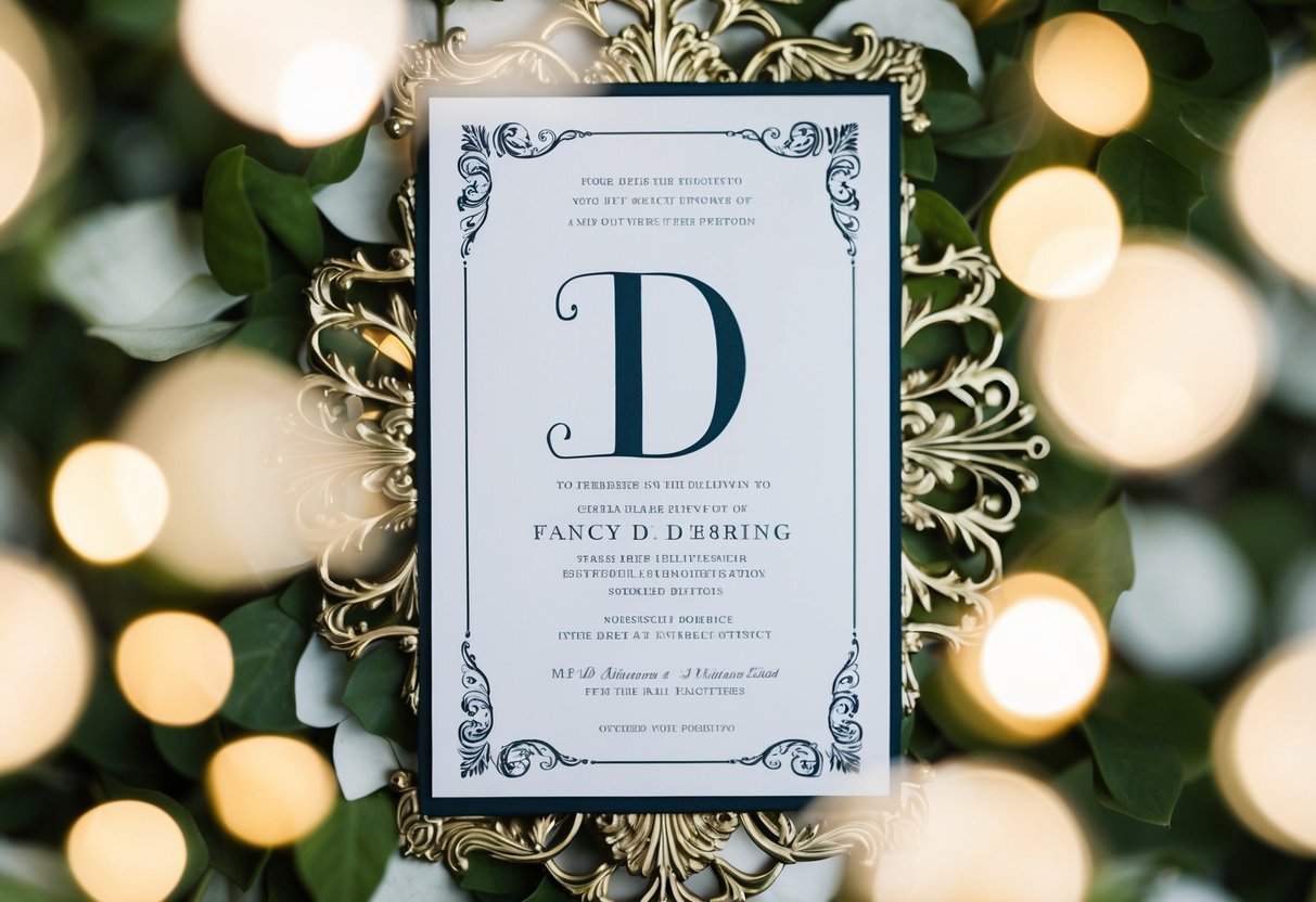 A fancy invitation with a prominent "D" surrounded by elegant design elements
