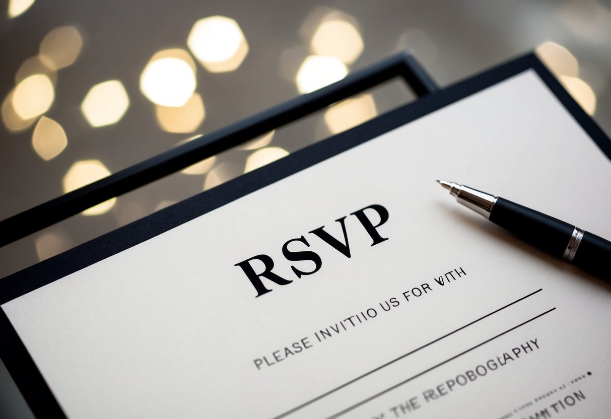 A formal invitation with an empty line labeled "RSVP" and a pen nearby for filling in the response