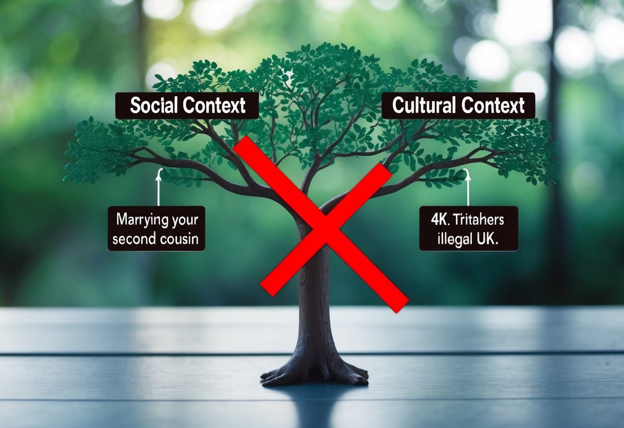 A family tree with two connected branches, one labeled "Social Context" and the other "Cultural Context," with a red "X" over the connection between "marrying your second cousin" and "illegal UK."
