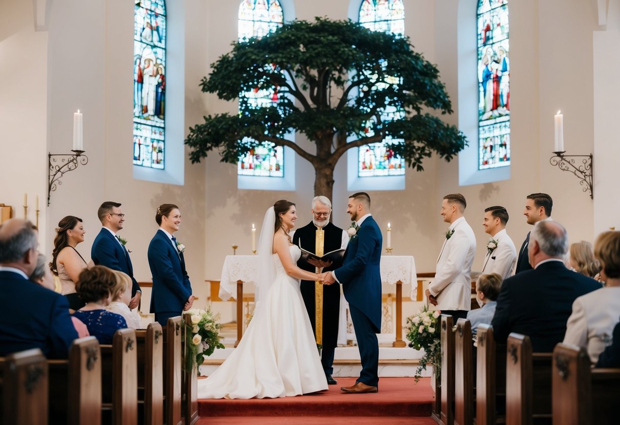A church with a wedding ceremony between two figures with a family tree in the background