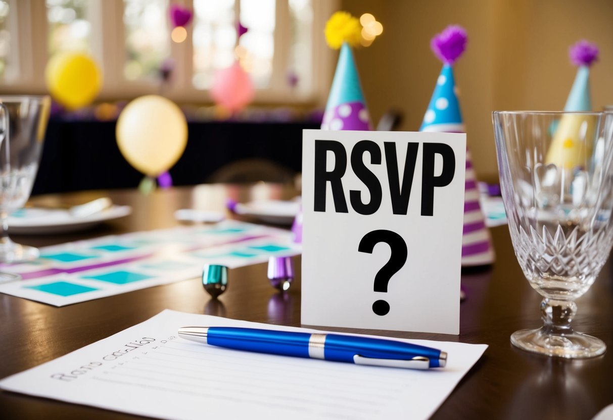 A table with pen and paper, surrounded by party decorations. A sign reads "RSVP" with a question mark