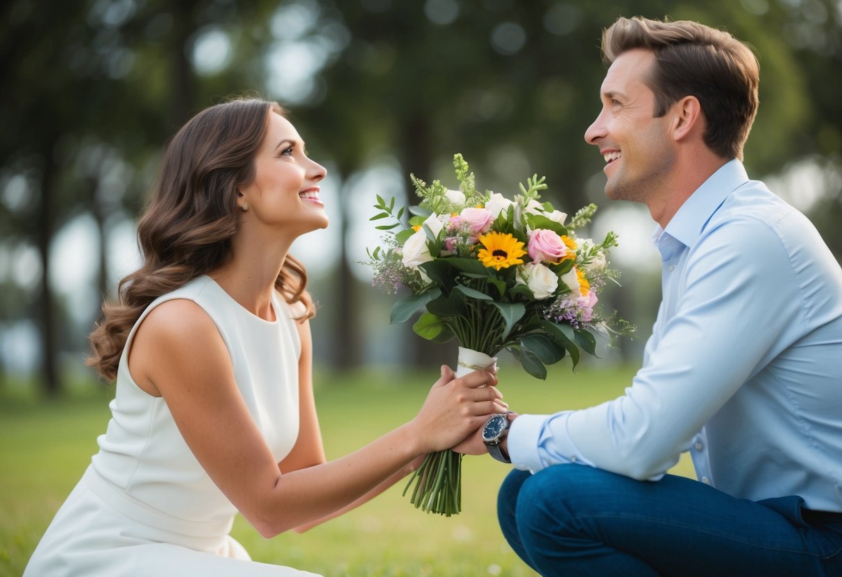 A woman kneeling with a bouquet of flowers, looking up at a man with a hopeful expression