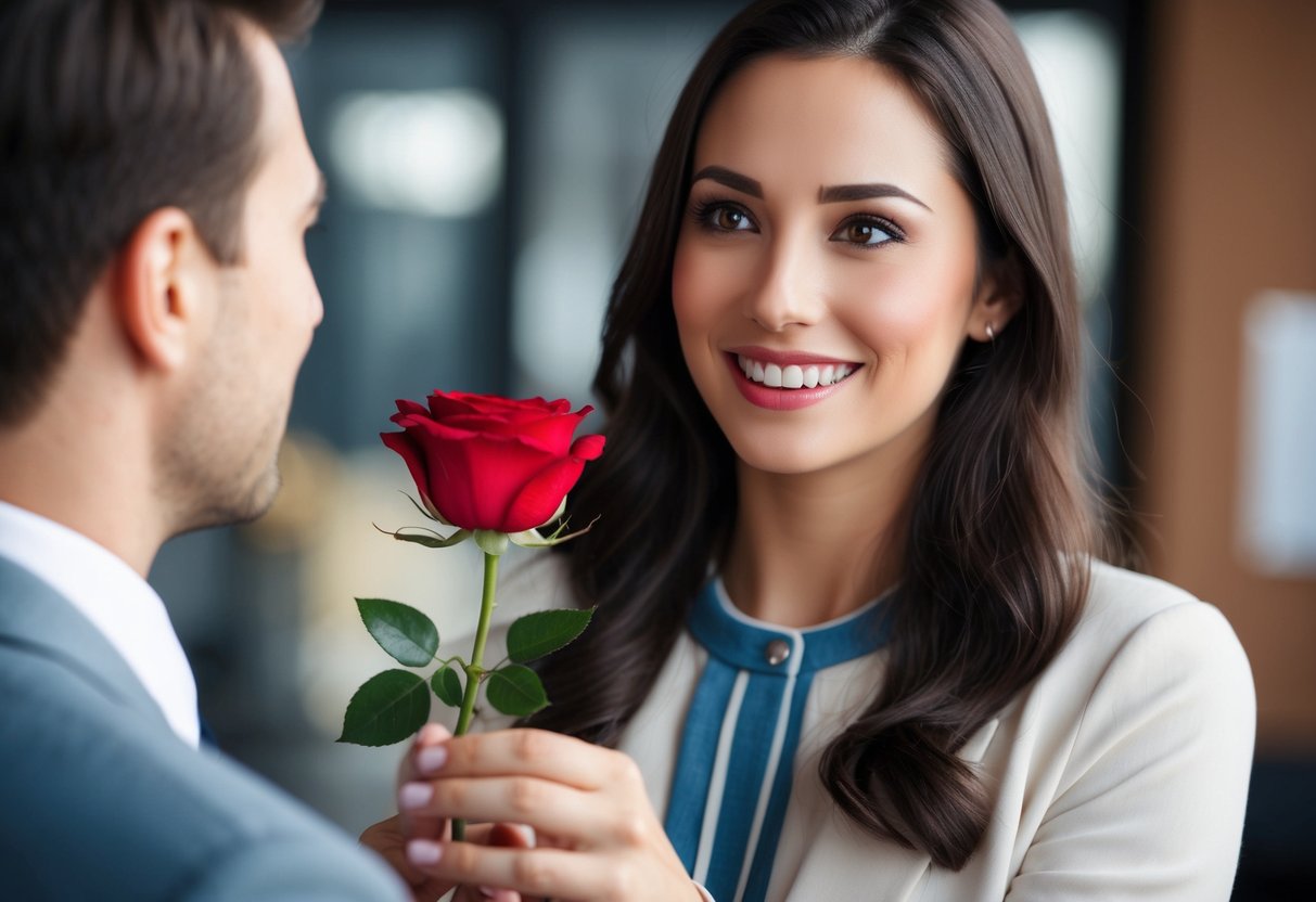 A woman presents a single red rose to a man, with a hopeful expression on her face