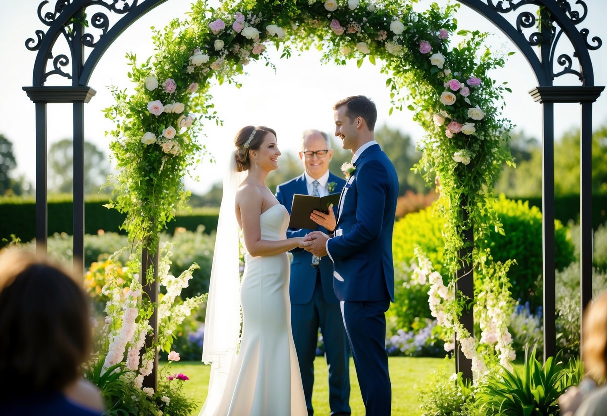 A couple standing in a sunlit garden, surrounded by blooming flowers and greenery, exchanging vows under a decorative archway