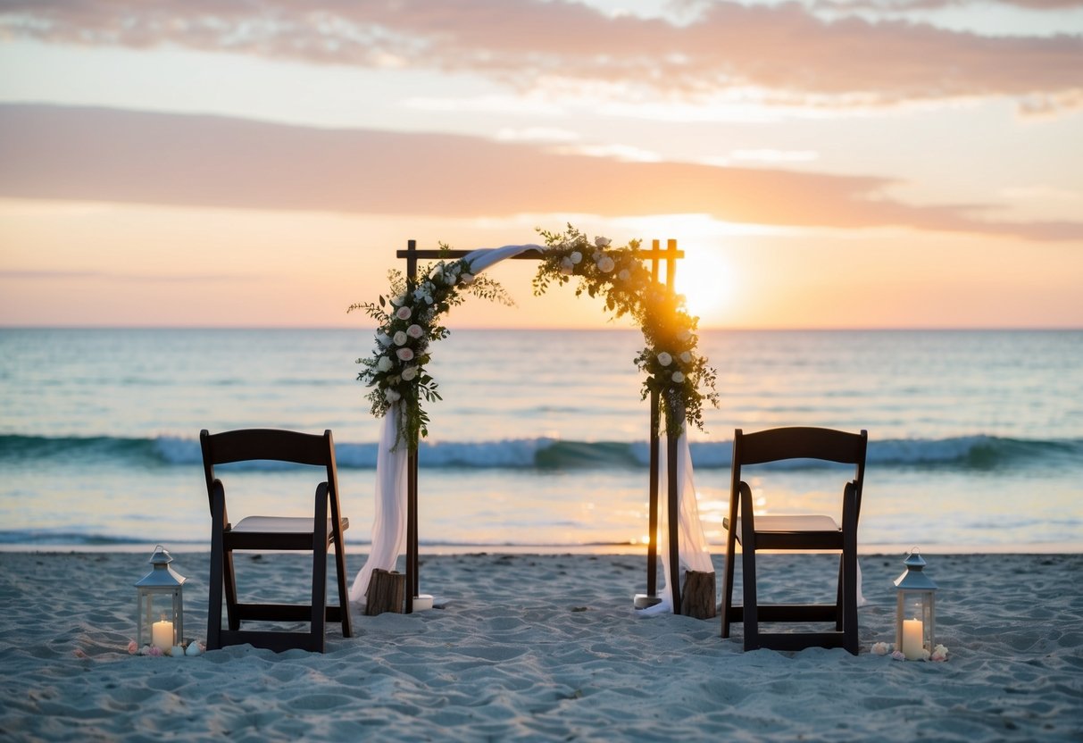 A serene beach at sunset, with two chairs facing the ocean and a small arch adorned with flowers, creating a romantic setting for a vow renewal ceremony