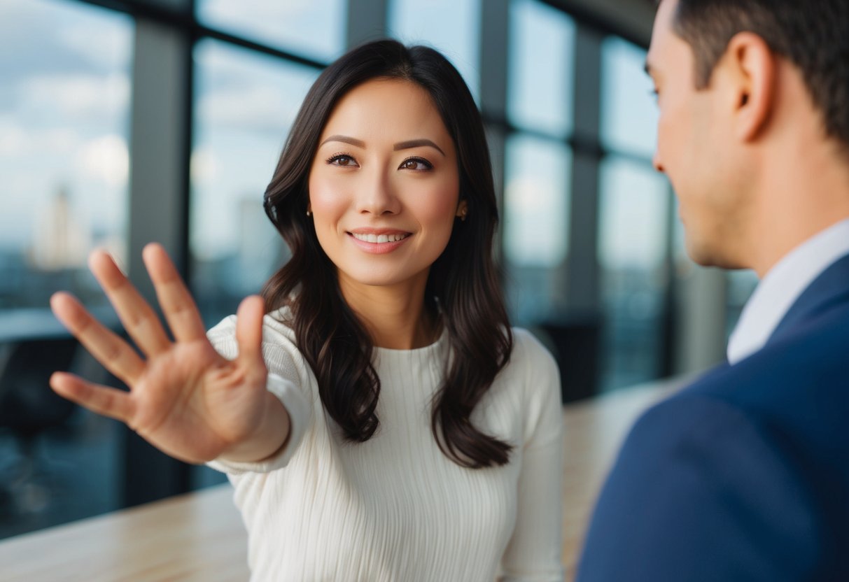 A woman holding out an open palm, gesturing towards a man, with a thoughtful expression on her face
