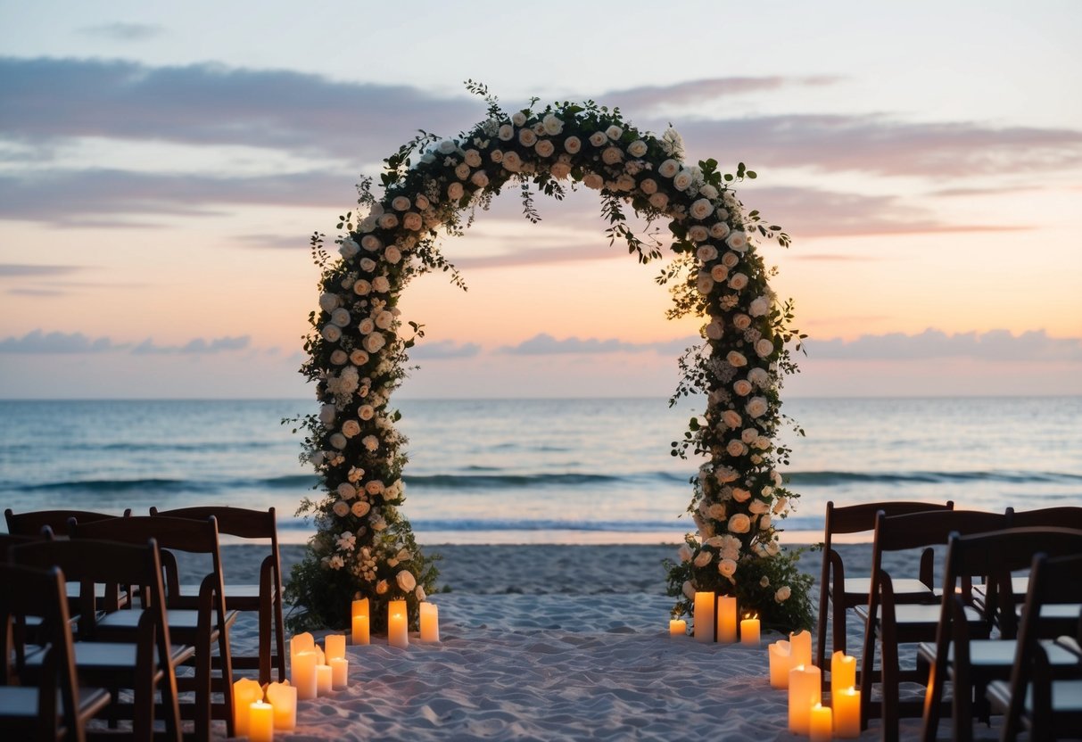 A serene beach at sunset, with a flower-adorned arch and a scattering of candles