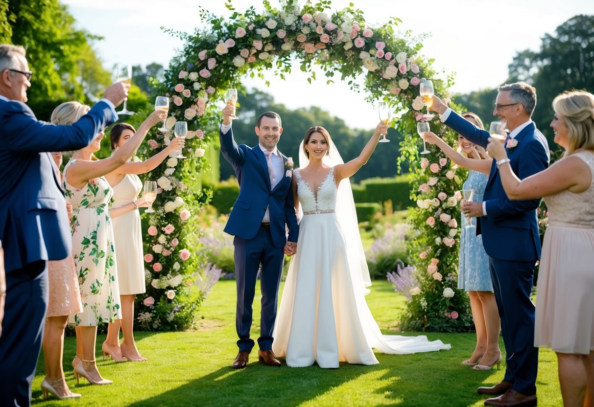 A couple stands beneath a floral arch in a sunlit garden, surrounded by friends and family, raising glasses in celebration