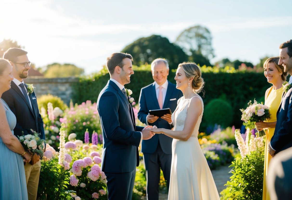 A couple standing in a sunlit garden, surrounded by blooming flowers and loved ones, exchanging vows and smiling