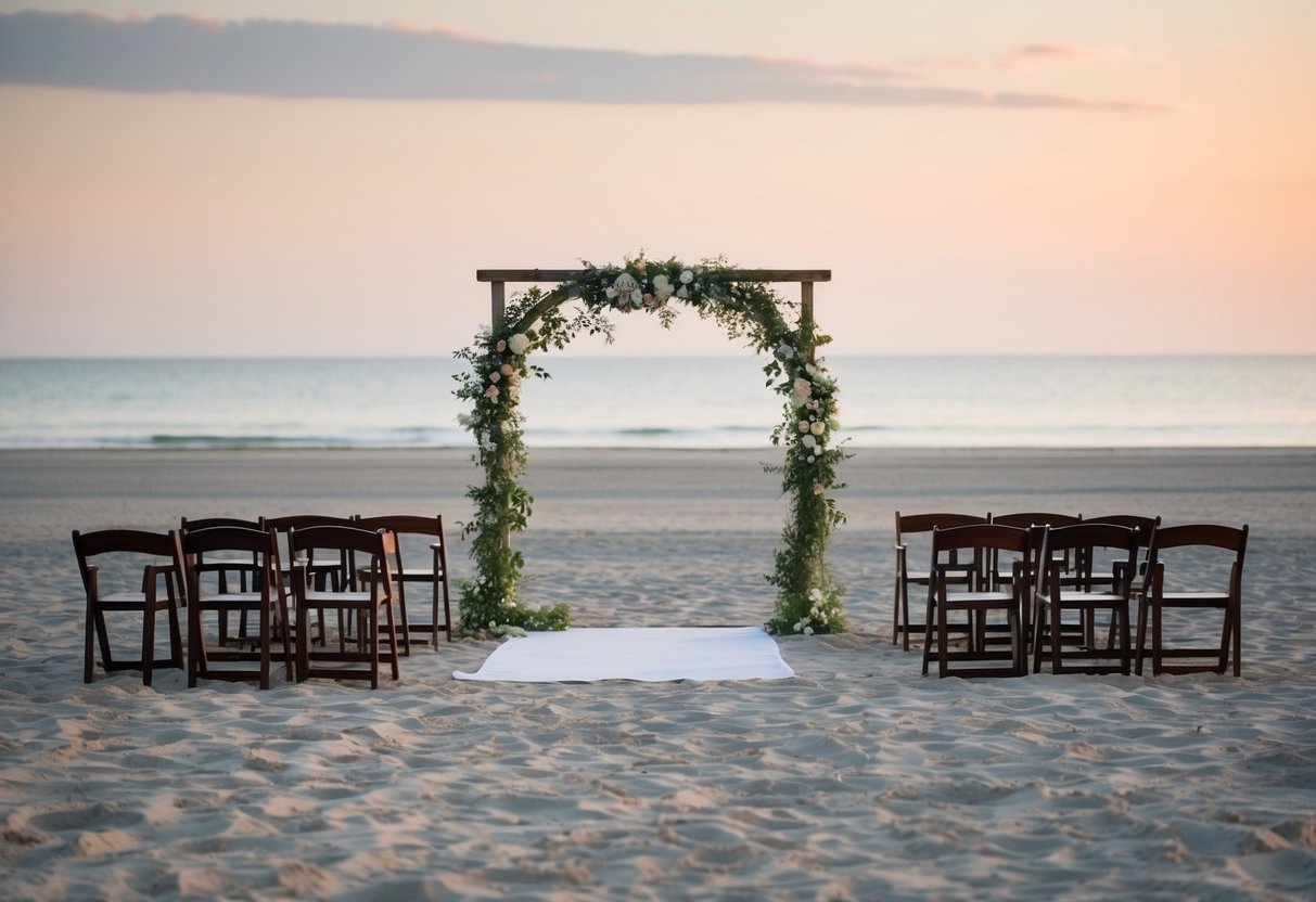 A deserted beach with an empty wedding arch and scattered chairs