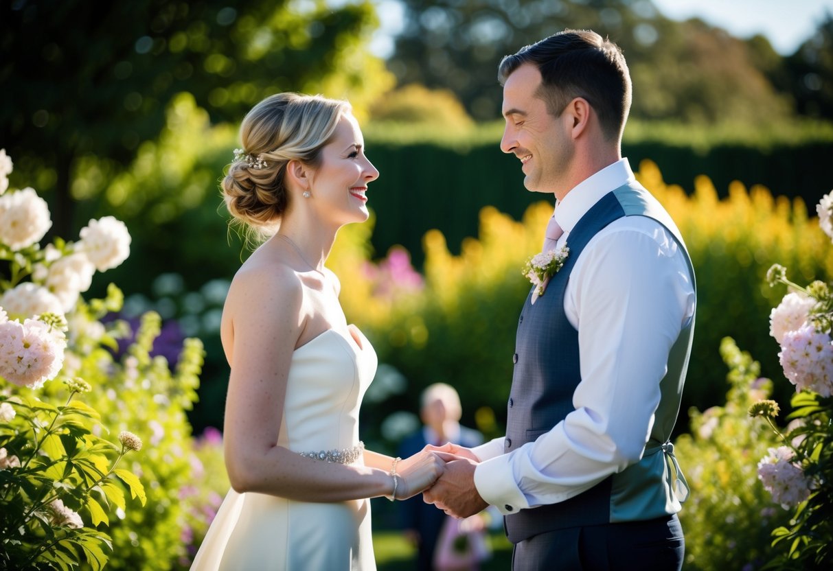 A couple stands facing each other in a sunlit garden, surrounded by blooming flowers and greenery. They exchange heartfelt vows, with smiles on their faces