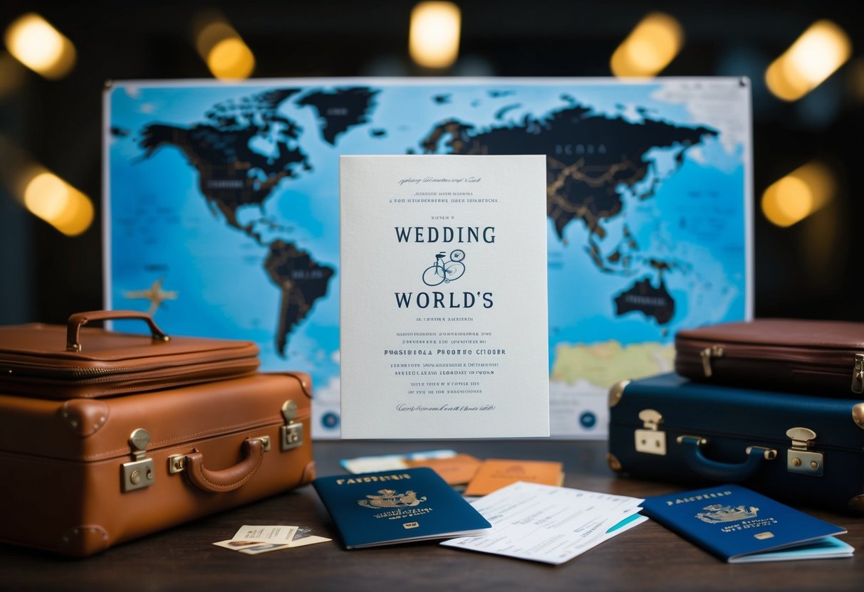 A couple's wedding invitation floating in the air, with a map of the world in the background, surrounded by various travel-related items such as luggage, passports, and airplane tickets