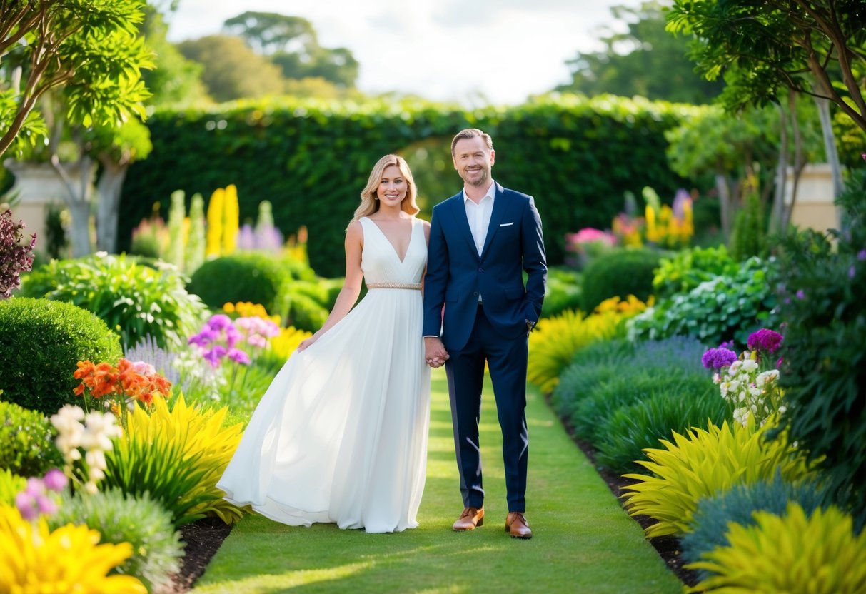 A couple stands in a lush garden, surrounded by vibrant greenery and colorful flowers. The woman wears a flowing white dress while the man wears a navy blue suit