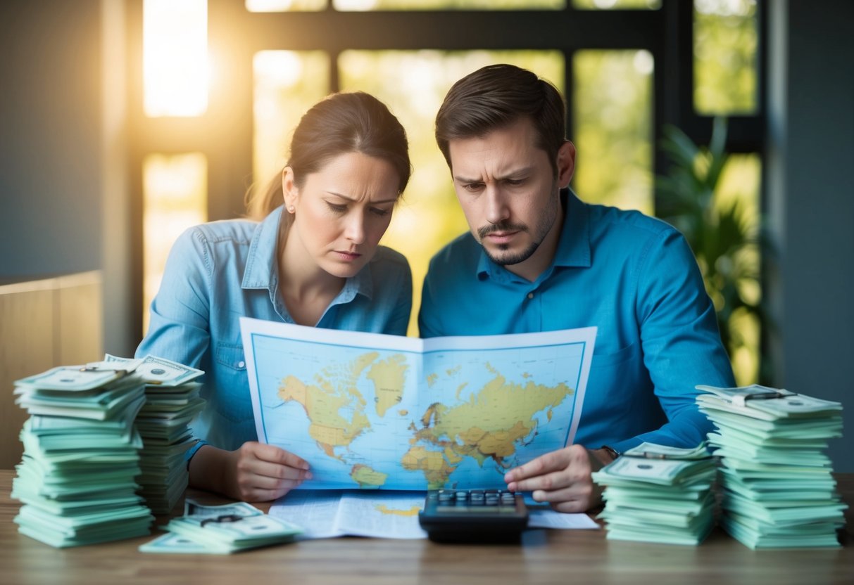 A couple looks at a map with a frown, surrounded by stacks of bills and a calculator. They appear stressed and conflicted