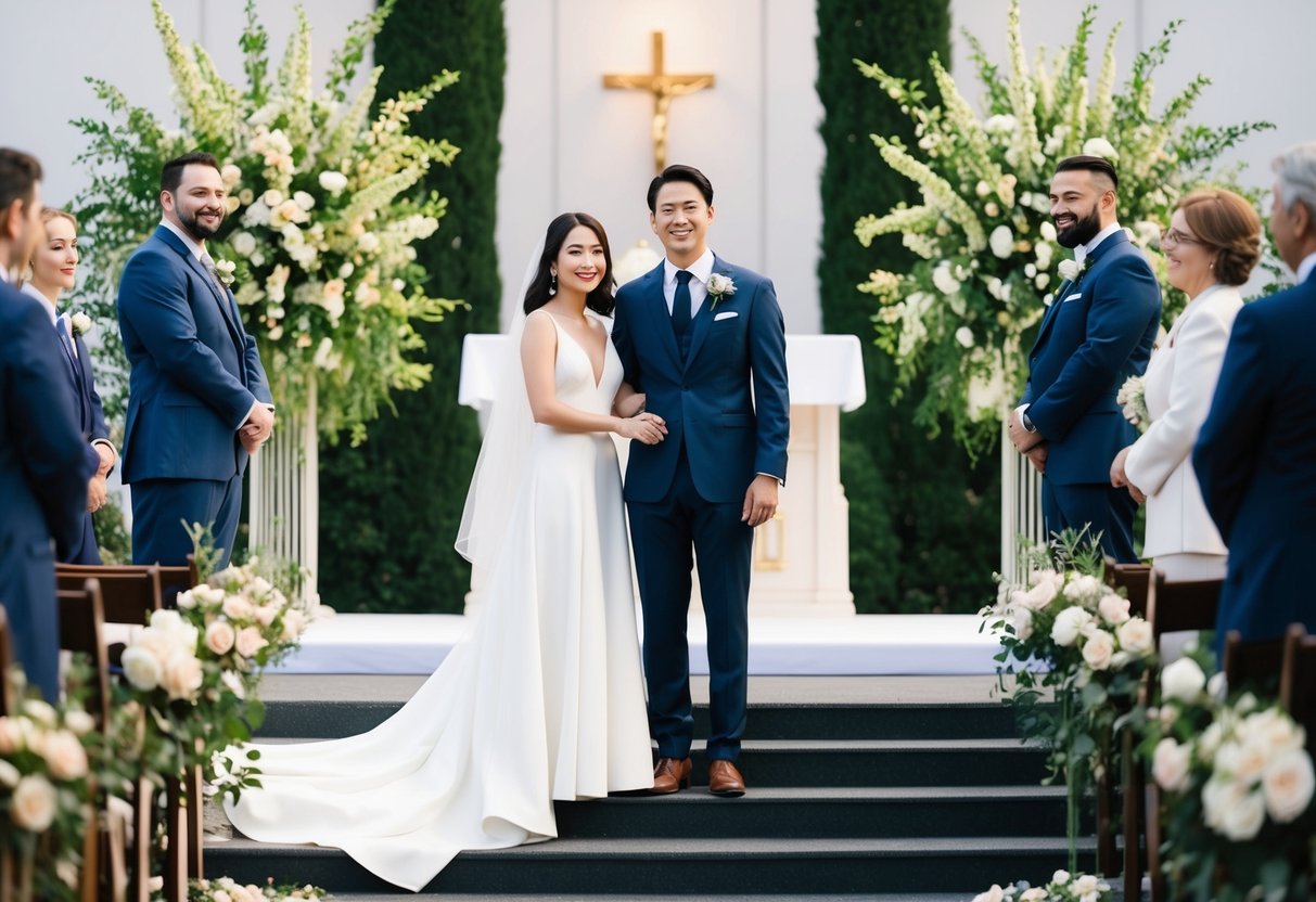 A couple stands in front of an altar, surrounded by blooming flowers and greenery. The woman wears a flowing white gown, while the man is dressed in a sharp navy suit