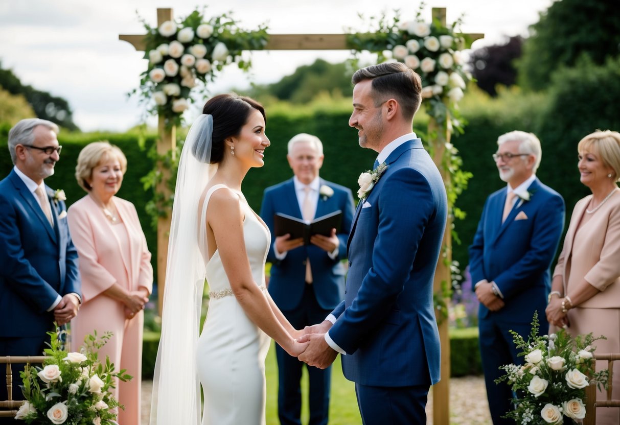 A couple stands facing each other in a decorated garden, surrounded by friends and family. They exchange heartfelt vows as a symbol of their enduring love