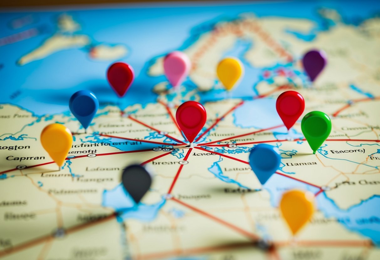 A map with pins in various locations, some with lines connecting to a central point