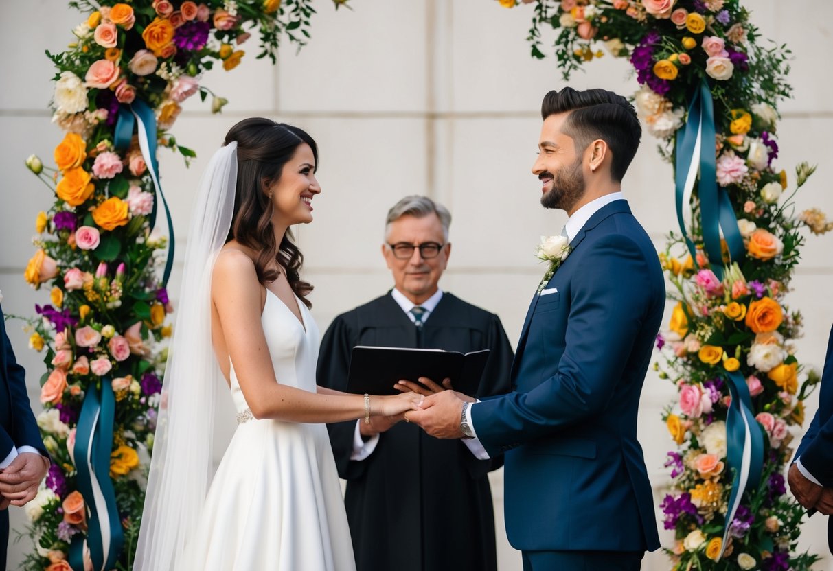 A couple stands before an officiant, surrounded by vibrant flowers and decorative ribbons. The woman wears a flowing white dress, while the man dons a sharp navy suit