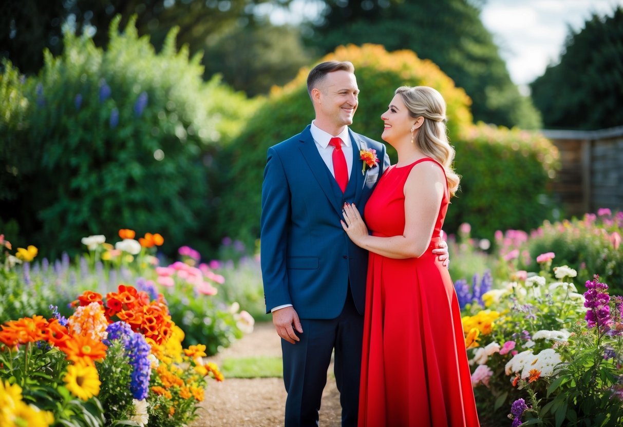 A couple stands in a garden surrounded by colorful flowers. The woman wears a vibrant red dress while the man sports a matching red tie, symbolizing the renewal of their vows