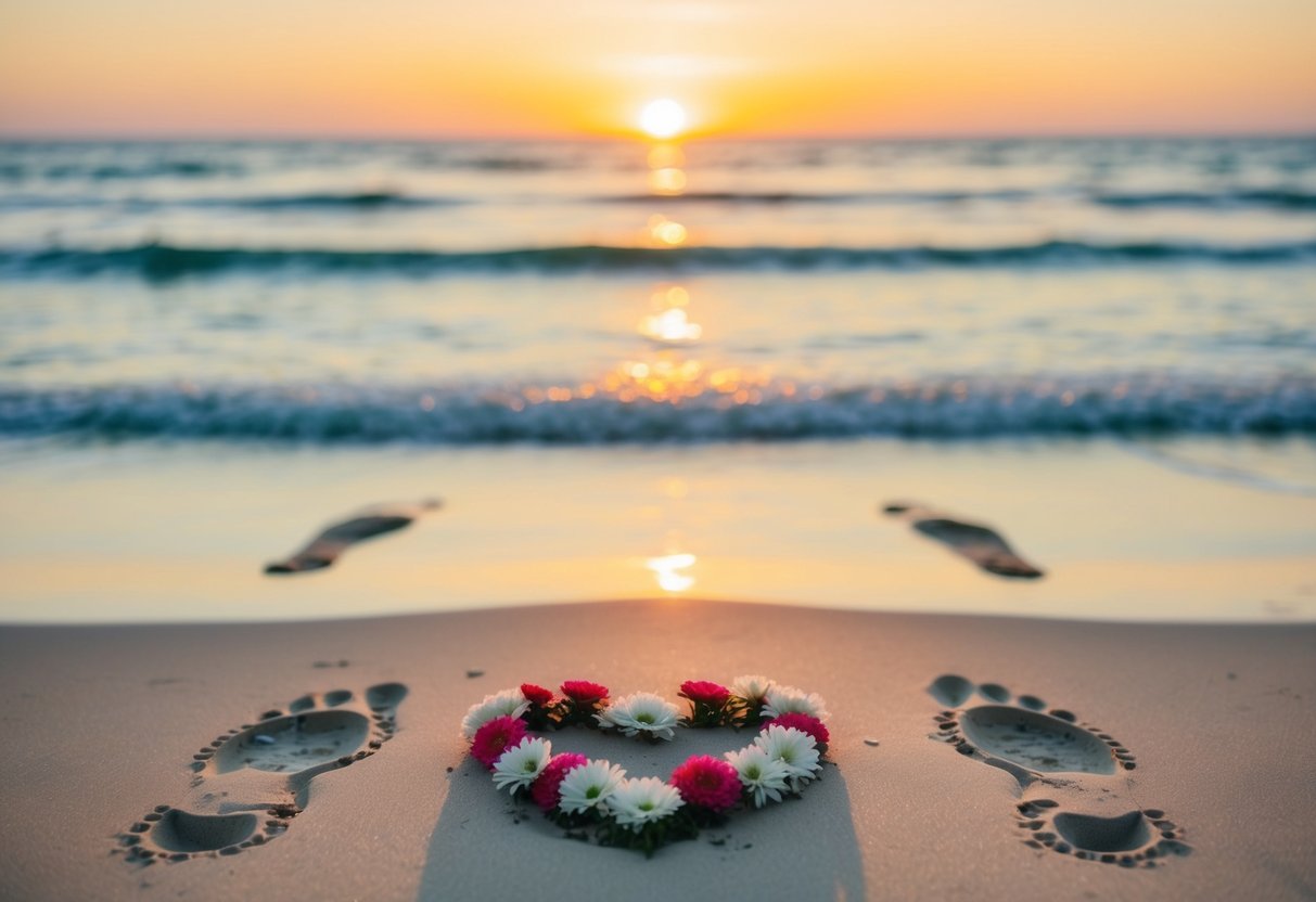 A serene beach at sunset with two sets of footprints leading towards the ocean, where a heart-shaped arrangement of flowers sits in the sand
