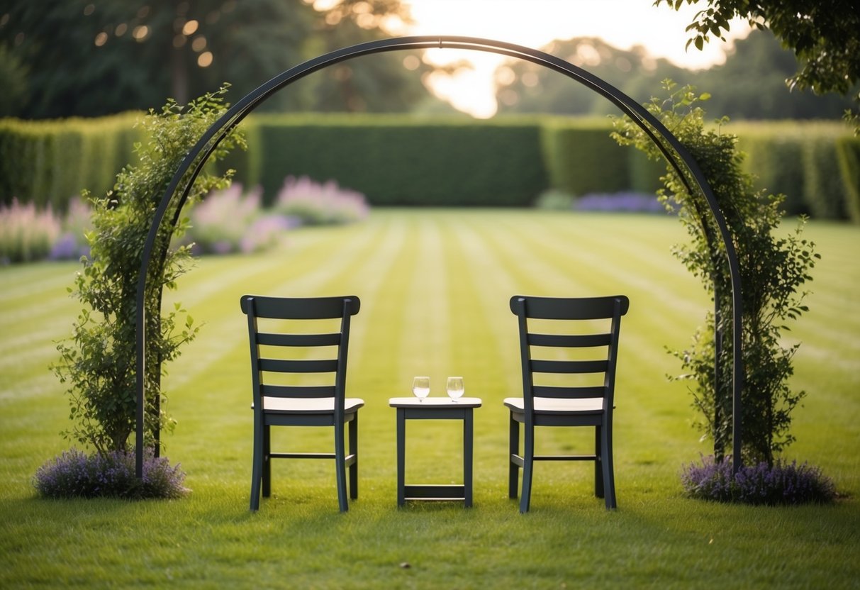 A serene outdoor setting with a decorative arch and two empty chairs facing each other in a peaceful garden