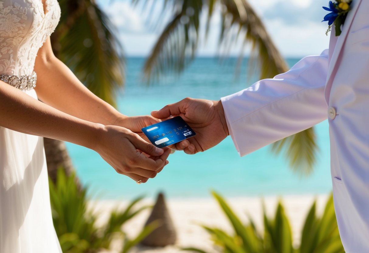 A bride and groom hold hands while a guest hands over a credit card to pay for their hotel room at a tropical resort