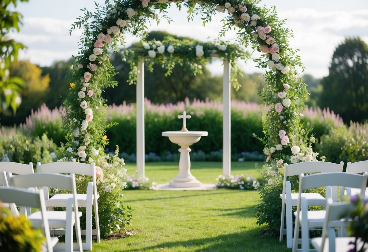 A serene outdoor setting with a blooming garden and a simple altar, framed by an archway of flowers and greenery