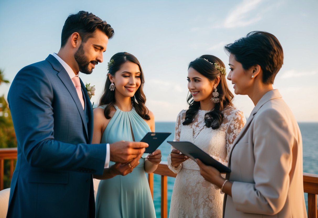 A couple and guests discussing payment for accommodations at a destination wedding