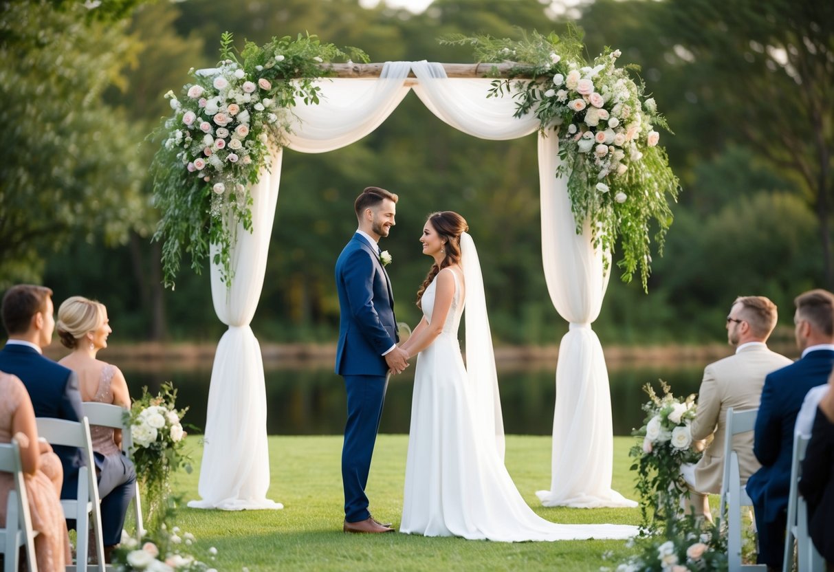 A serene outdoor setting with a beautiful arch or canopy, adorned with flowers and greenery, as a couple stands facing each other, exchanging vows