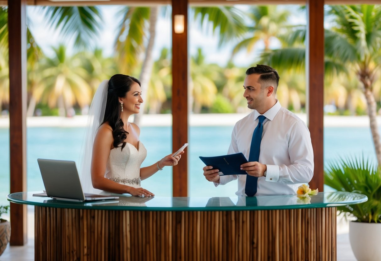 A bride and groom stand at a reception desk, discussing payment for accommodations at a tropical resort