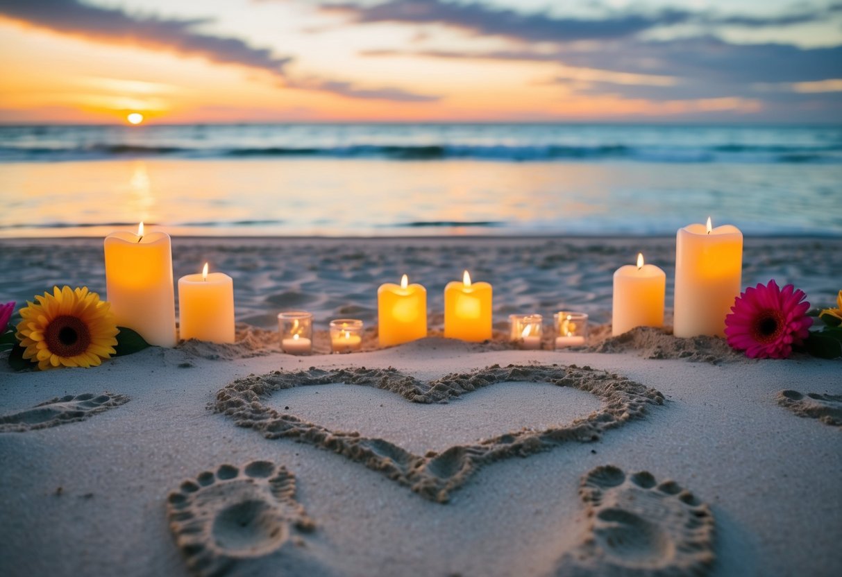 A tranquil beach at sunset with two sets of footprints leading to a heart drawn in the sand, surrounded by candles and flowers