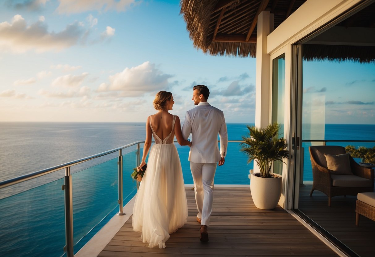 A couple arriving at a luxury resort, greeted by staff and shown to their private villa overlooking the ocean